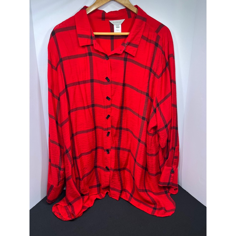 Multiples Womens 3X Red Black Plaid Crinkle Button Down Shirt Long Sleeve Blouse